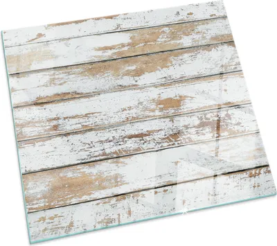 A glass floor plate with a distressed white wood pattern.