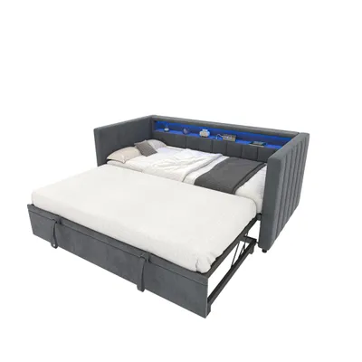 Image de LVHOM Lit de jour extensible 90/180x190cm avec rangement et LED, Canapé-lit avec lit gigogne, Daybed en velours avec USB et sommier à lattes, Daybett, Gris