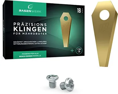 Produktbild von RASENWERK® - Hochwertige Mähroboter Messer mit passenden Schrauben - Universal Ersatzklingen Ersatzmesser für Bosch Indego - Titancarbid legierte Klingen - Rasenroboter Messerset – 36 Stk.