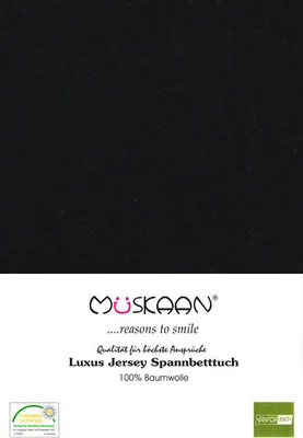 A black fabric swatch with brand logo and product information below.