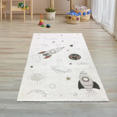 Produktbild von Kinderzimmerteppich Raumschiffen Planeten Sterne in creme grau beige Größe - 80 x 150 cm