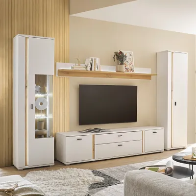 Produktbild von Wohnwand weiß mit Eiche LOVENO-61 Modern 4-teilig
