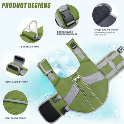 Image de Gilet de sauvetage pour chien, couleur verte, taille XS, flottant, pour les sports nautiques