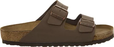 Produktbild von Birkenstock Pantoletten Arizona Birko-Flor Nubuk Mocca für Damen und Herren mit anatomisch geformtem Kork-Latex-Fußbett, individuell verstellbaren Dornschnallen aus Metall und federndem, gelenkschonendem Tritt.