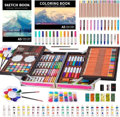 Produktbild von Malset 139-teilig, 1 Malbuch, Buntstifte, Wasserfarbe, Ölpastelle, für Kinderbeschäftigung