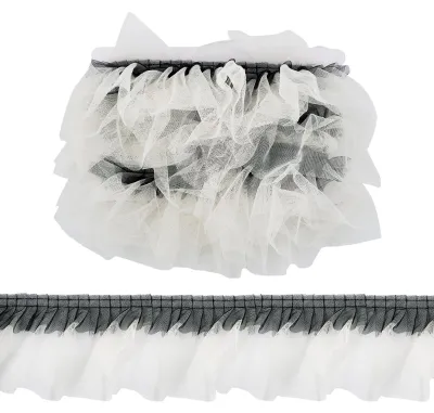Productafbeelding van 5 meter lint met franjes, organza, mesh en chiffon, kleur beige