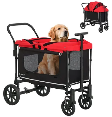 Immagine prodotto di Carrello per cani PawHut, passeggino pieghevole per cani e gatti fino a 30 kg, rosso