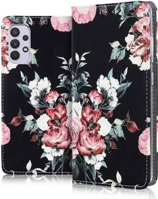 Produktbild von Hülle kompatibel mit Samsung A72 4G / A72 5G rose Blumen - Handyhülle mit Magnetverschluss, Standfunktion und Kartenfach Case Cover Schutzhülle Etui Tasche Book Klapp Style