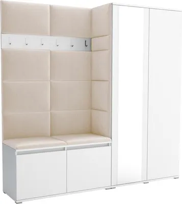 Produktbild von Garderoben-Set Noris IV mit Spiegel, gepolsterte Garderobe mit Sitzbank, Wandpaneelen und Stauraum (Farbe: Weiß + Trinity 01)
