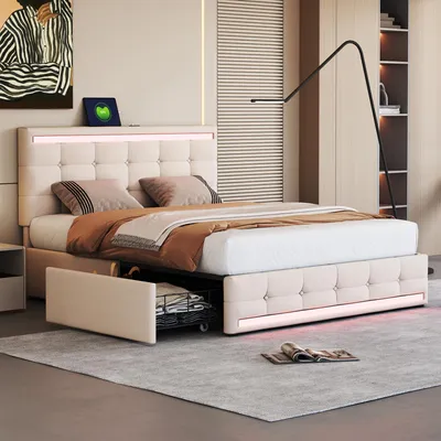A bedroom scene featuring a modern upholstered bed with integrated lighting and storage.