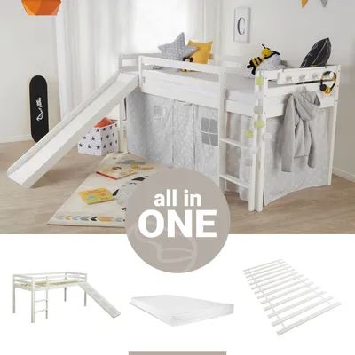 Produktbild von Homestyle4u Kinder Hochbett 90x200 weiss mit Lattenrost Matratze Rutsche