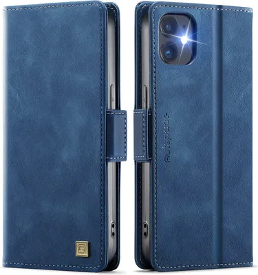 Produktbild von Lederhülle für iPhone 12/iPhone 12 Pro, RFID Schutz Handyhülle mit Magnetverschluss, Kartenfächern und Ständer Blau