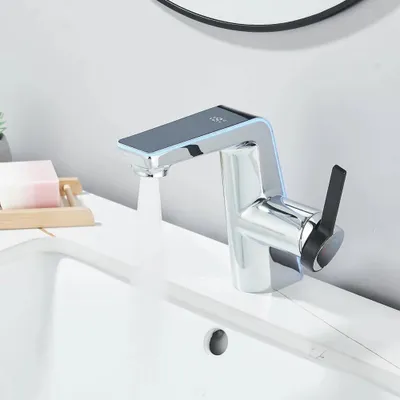 Produktbild von Waschtischarmatur - Mischbatterie mit LED-Temperaturanzeige - Warm/Kalt - Einlochmontage - Edelstahl - Keramikventil - Chrom