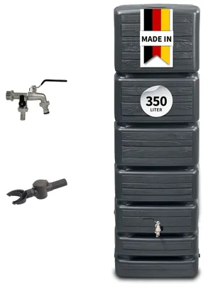 Produktbild von 4rain SLIM WOOD DECOR Regentonne Wandtank Komplett-Set 350 Liter graphite grey inkl. Chrom-Doppelauslaufhahn und Fallrohranschluss