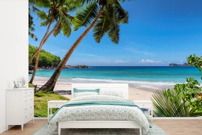 Produktbild von MuchoWow® Fototapete für Wohnzimmer oder Schlafzimmer Wandtapete Vinyl Motivtapete Strand - Meer - Palmen - Sonne - 450x300 cm - Gemusterte