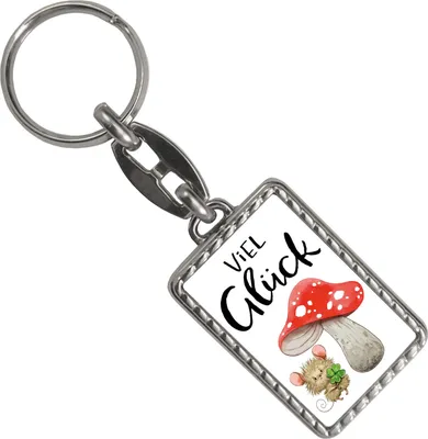 Produktbild von Maus mit Fliegenpilz Schlüsselanhänger mit Bordüre mit Spruch Viel Glück