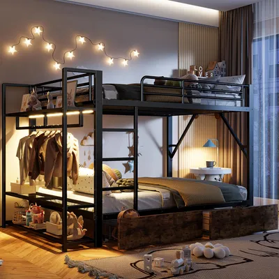 Image de Lit superposé 140 x 200 cm, lit pour enfant avec 2 tiroirs, plusieurs espaces de rangement, une barre de penderie et une barre de LED, sans matelas, de couleur noire, en fer et MDF