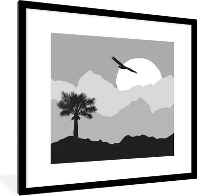 Produktbild von MuchoWow® Gerahmtes Poster Sonne - Palme - Vogel - Schwarz - Weiß 40x40 cm - Poster mit Schwarzem Bilderrahmen Wandposter Rahmen Foto Bilder - Poster - Plakat im Rahmen