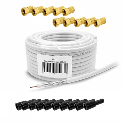 Produktbild von 20m ARLI Koaxialkabel – max. 135 dB 5-fach geschirmt + 10x vergoldete F-Stecker + 10x Gummitüllen für DVB-S2 DVB-C2 DVB-T2 4K HD TV Satkabel