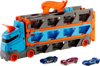 Produktbild von Hot Wheels City Speedway Hauler Transporter mit 182 cm Rennbahn und 3 Autos
