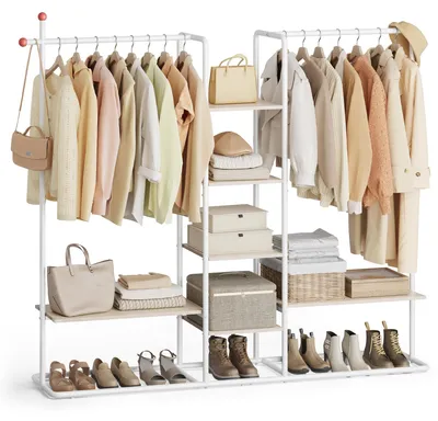 Produktbild von SONGMICS HOME Garderobenständer, offener Kleiderschrank, Kleiderständer, 6 Ablagen, 2 Kleiderstangen, Haken in Streichholz-Form, für Schlafzimmer, naturbeige-mattweiß RGR012K01 – Naturbeige + Mattweiß