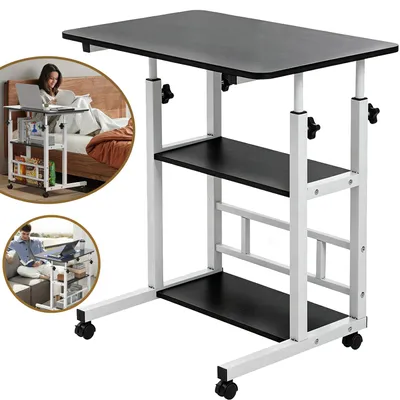 Produktbild von Rolltisch für Bett, Sofa, Rolltisch mit 2 Regalen, Mobiler Schreibtisch, Höhenverstellbar 63 – 82 cm, Beistelltisch mit 4 Rollen