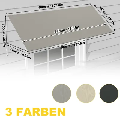 Produktbild von UISEBRT Fallarmmarkise 400x145 cm Grau – Wandmontierte Balkonmarkise mit robustem Aluminiumrahmen & wasserabweisendem Stoff, ideal für Fenster, Terrasse oder Bistro