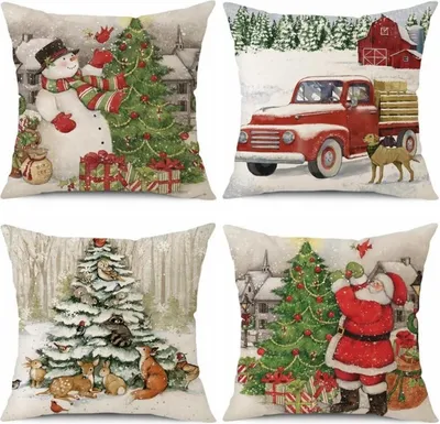 Immagine prodotto di set di 4 copricuscini natalizi Cuscini decorativi in lino Pupazzo di neve 40x40 cm