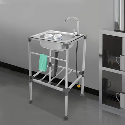 Produktbild von Freistehende Spüle aus Edelstahl mit 1 Becken, Gewerbliche Küchenspüle mit Wasserhahn, 48 x 35 x 83 cm Multifunktionales Waschbecken für Garage, Restaurant, Küche