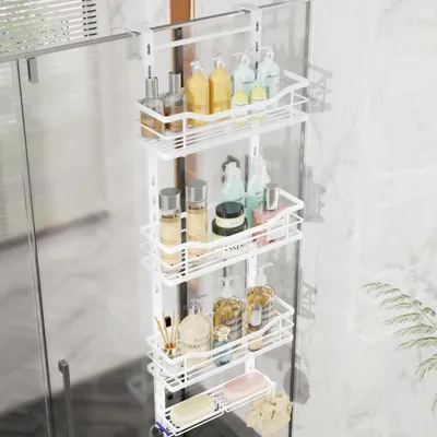 Zdjęcie produktu dla Półka do zawieszania w kabinie prysznicowej, regulowana, ze stali nierdzewnej, 4 półki, biała