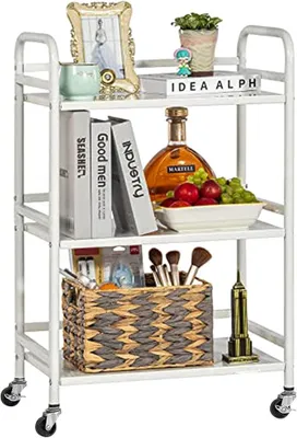 Productafbeelding van Serveerwagen, metalen servicekar met 3 niveaus en wielen, geschikt voor kleine ruimtes, keuken, eetkamer, bar, badkamers. Witte rollende kar, afmetingen: 48x30x75 cm