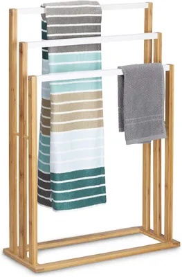 Image de Porte-serviettes en bambou - 3 barres - Design moderne - Accessoire de salle de bain pour serviettes - Rangement pour serviettes - Naturel
