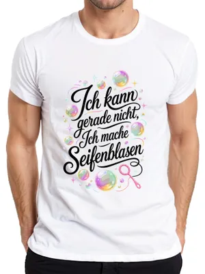 Productafbeelding van "Ik kan nu niet" - Heren T-shirt, wit, maat S. (Met de tekst "Ik kan nu niet" en mogelijk een afbeelding van zeepbellen.)