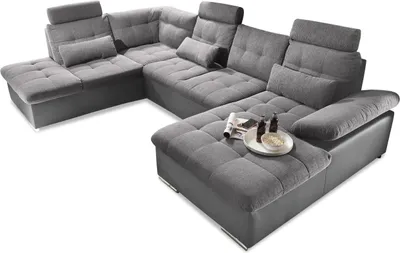 Produktbild von Couch Jakarta Wohnlandschaft Sofa Lederlook Schlaffunktion Schlafsofa dunkelgrau grau hell gemustert Ottomane links 324 cm