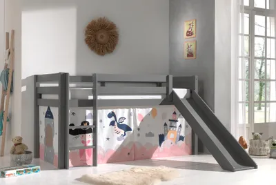 Produktbild von Vipack Halbhohes Bett PINO, mit Rutsche und Textilset "Princess Sophie", Ausf. Kiefer massiv grau lackiert