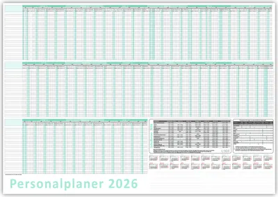 Produktbild von Urlaubsplaner / Personalplaner 2026 nass abwischbar mit Folienkaschierung - DIN B2 Format (700 x 500mm) 22 Mitarbeiter Januar bis März Folgejahr mit Schulferien (gerollt!)