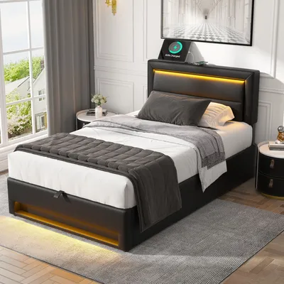 Produktbild von okwish Boxspringbett Polsterbett 90 x 200 cm mit verstellbares Kopfteil und USB-Ladeanschluss, Hydraulisches Stauraumbett mit Bettkasten Stauraum(Ohne Matratze)- Schwarz