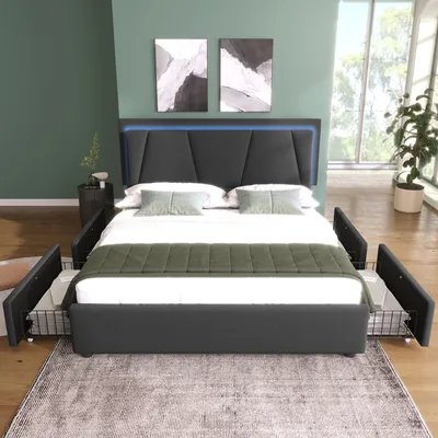 A modern bedroom with a bed and artwork on the wall.