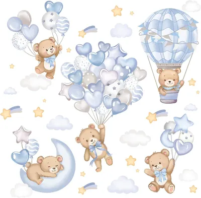 Immagine prodotto di Adesivi murali per bambini - Neonati - Orsetti con palloncini e stelle - Adesivi decorativi per pareti - Blu - Acquerello - Ideali per la cameretta dei bambini - Perfetti anche per il soggiorno