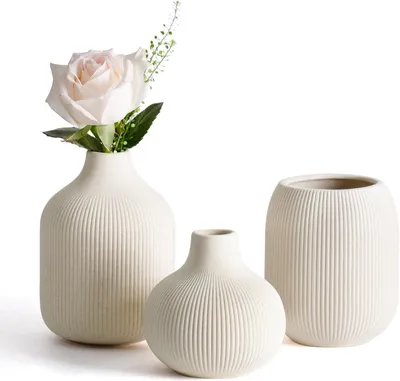 Zdjęcie produktu dla Wazony ceramiczne zestaw 3 sztuk, beżowy, struktura ryflowana, do wnętrz