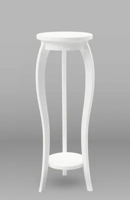 A white plant stand is shown against a plain gray background.