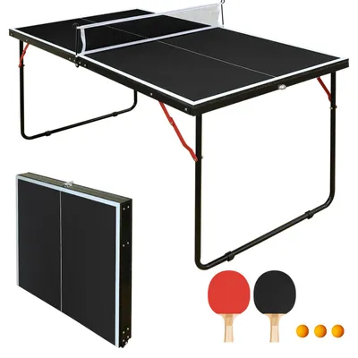 Produktbild von Tischtennisplatte klappbar 137 cm, tragbar, Set mit Netz, 2 Schlägern & 3 Bällen, für Halle & Freiluft, schwarz, leicht verstaubar