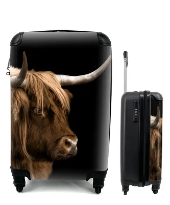 Produktbild von MuchoWow® Koffer Handgepäck Trolley Rollkoffer Kleine Reisekoffer mit 4 Rollen - Schottischer Highlander - Kühe - Schwarz - Cabin Size < 55x40x23 cm & 55x40x20 cm - Fotokoffer - Kabinenkoffer - Boardgepäck - Reise-Box - Reisekoffer - Reisegepäck - Koffer mit Bild - Trolley für Kinder