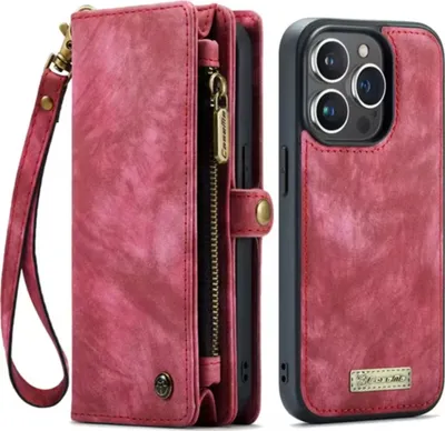 A red iPhone case with a wallet and zipper is displayed next to the phone it is designed for.