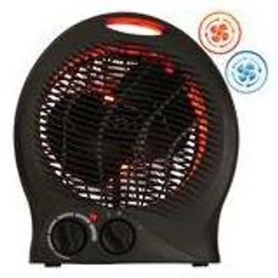 A black electric heater with red heating elements visible through the grille. There are two control knobs at the bottom and two circular icons above the heater, one orange and one blue, both depicting a fan.