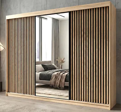 Produktbild von Schwebetürenschrank FARA 3-türig Schrank 200 cm Kleiderschrank mit 4 Schubladen, und 3D-Lamellen. Farbe: Sonoma / Schwarz / Schwarz