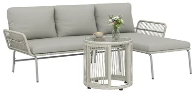 Immagine prodotto di Set da giardino in polyrattan da 3 pezzi, set lounge con chaise longue, divano a due posti, tavolino in vetro e cuscini sfoderabili