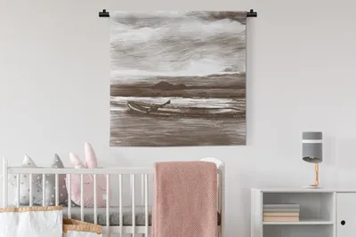 Produktbild von MuchoWow® Wandteppich Wandbehang Boot - Meer - Schwarz - Weiß 90x90 cm Tapisserie Dekoration Wandtuch - Wandaufhänger