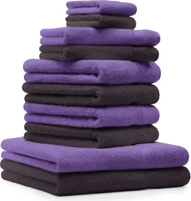 Produktbild von Betz 10-tlg. Handtuch-Set PREMIUM CLASSIC 2 Duschtücher 4 Handtücher 2 Gästetücher 2 Seiftücher Farbe: dunkelbraun & lila