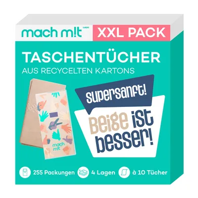 Produktbild von mach m!t PURE Taschentücher 4-lagig - extrem weich & frei von Bleichmitteln - Vorratspack 225x10 Pack - Germany - aus recyceltem Karton